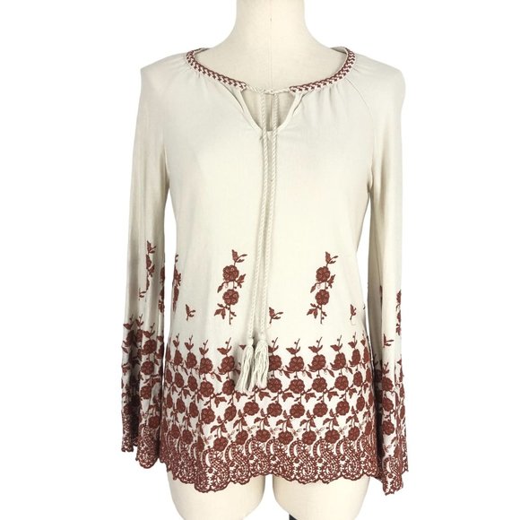 Fever Women's Size XS Boho Cream Burnt Orange Embroidered Tassel Tie Top Blouse - Picture 1 of 10